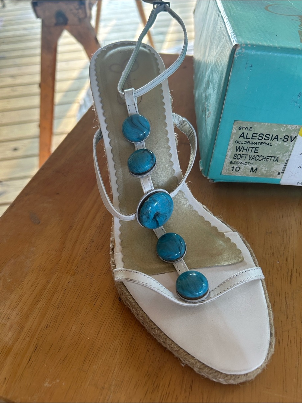 Alessi White T-Strap Sandal with Blue Gem Accents